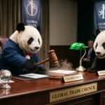 Illustration of two giant pandas behind a desk with a gavel and a “Global Trade Council” nameplate