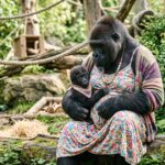 Illustration of a gorilla mother holding her infant, seated on a log among trees