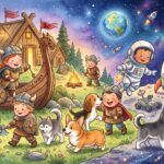 Colourful illustration of dogs and children at a forest camp on one side and astronauts with a rocket under a starry sky on the other