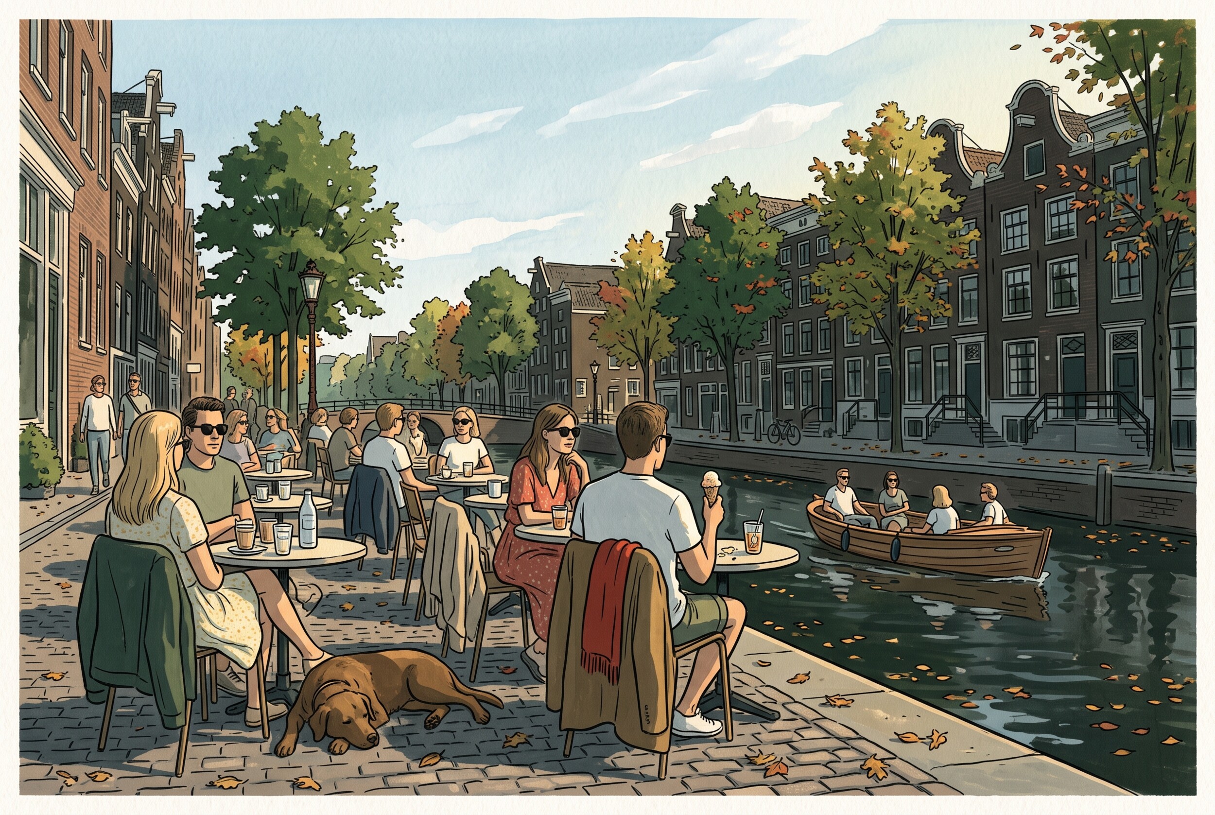 Illustration: people in summer clothes on a café terrace along a Dutch canal, with the first autumn leaves on the trees and the water.