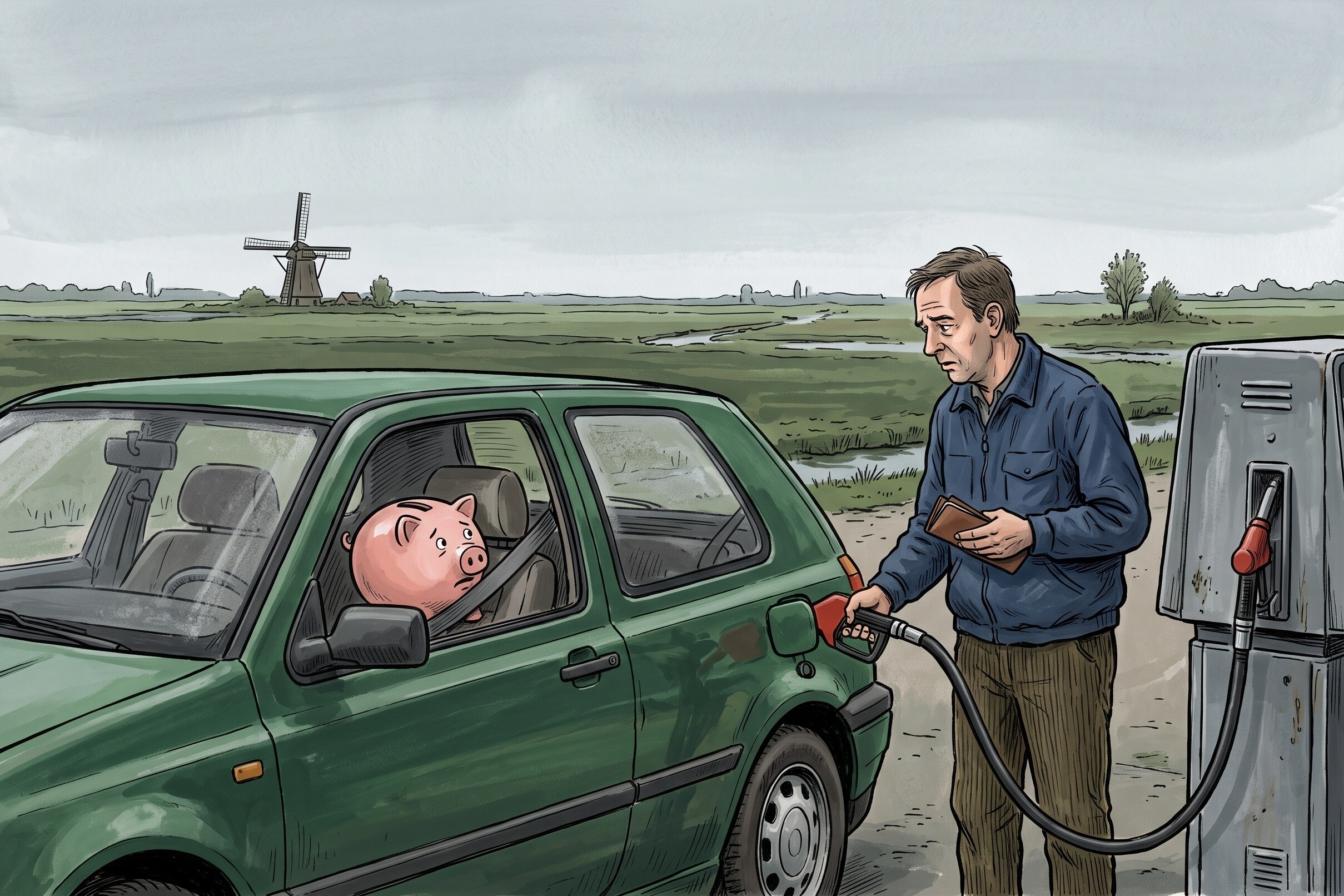 Illustration of a man filling up a green car at a petrol pump in a flat Dutch landscape, with a worried pink piggy bank in a seatbelt in the passenger seat.