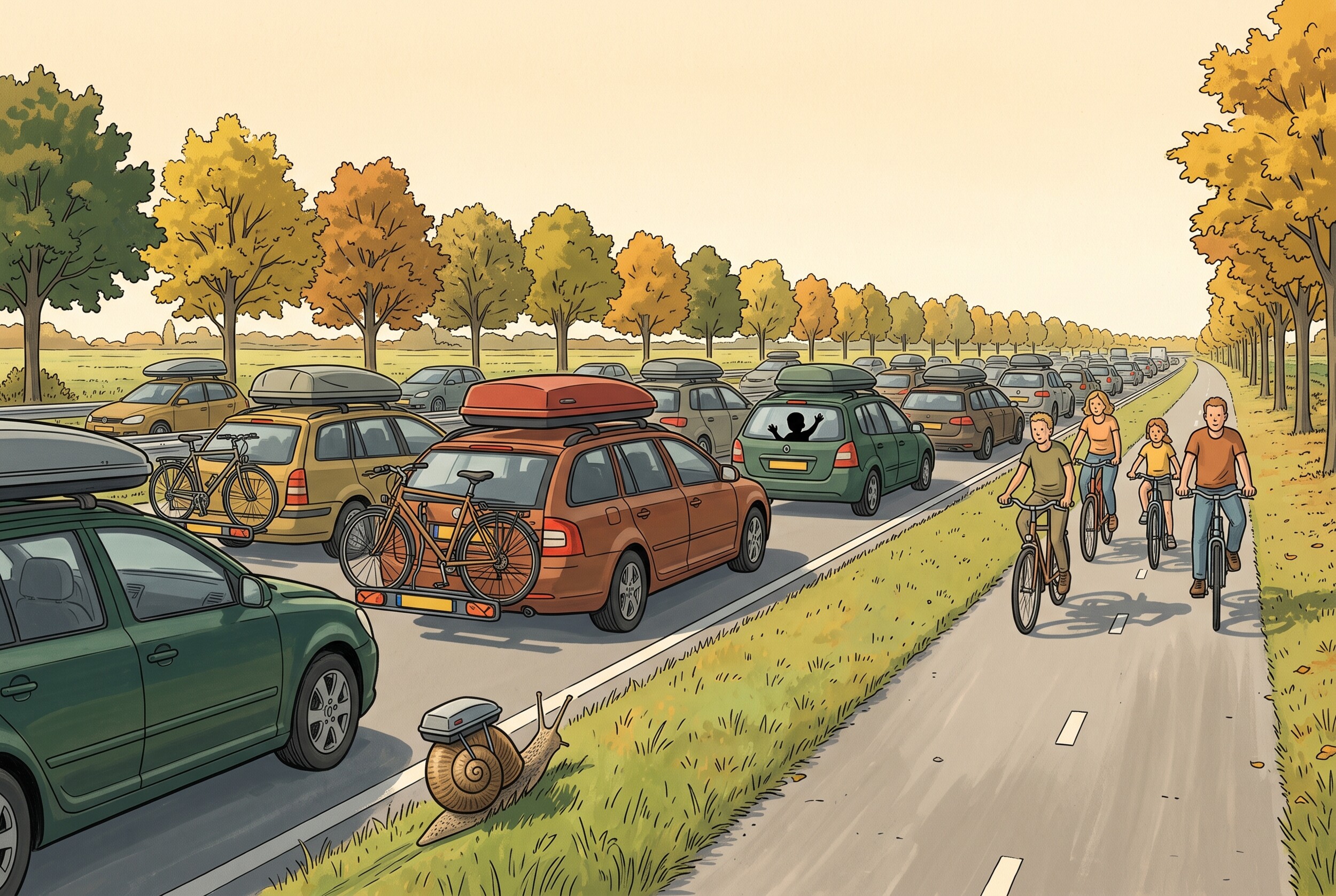 Illustration of a traffic jam of holiday cars with roof boxes on a tree-lined Dutch motorway in autumn, cyclists on the path beside it and a snail with a tiny roof box on the verge.