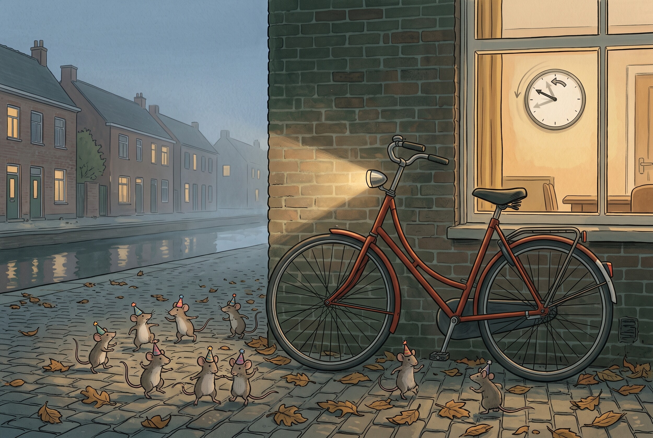 Illustration of a red bicycle with its front light on against a brick wall at dusk, a clock in the window behind it and mice gathered on the cobbled street.