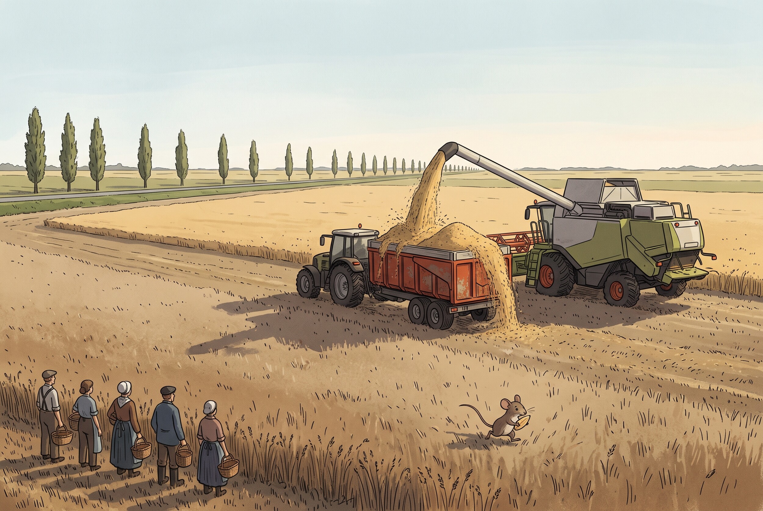 Illustration: a combine harvester fills an overflowing grain trailer while farmworkers with small baskets wait at the edge of the field and a mouse carries off a single grain.