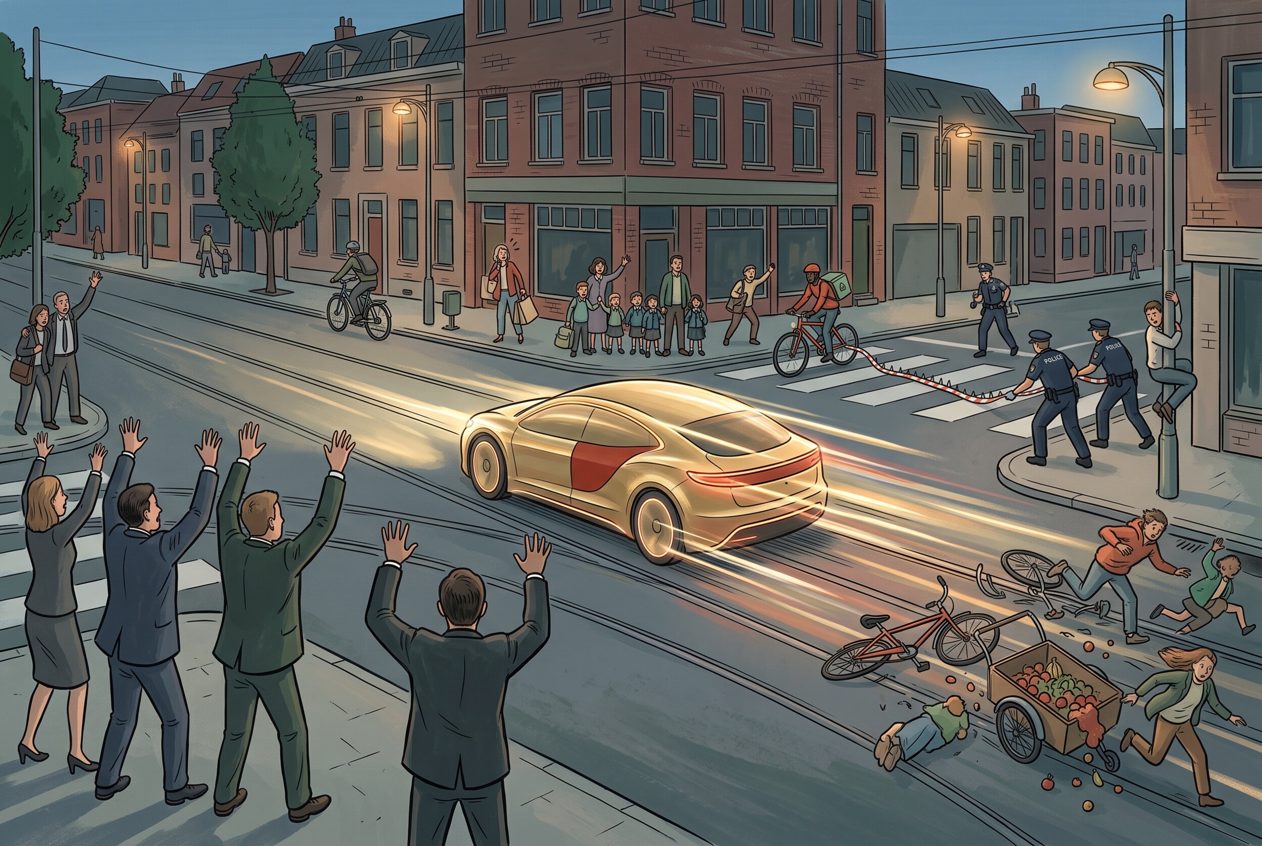 Illustration: a speeding car crosses a junction, cyclists and pedestrians tumble aside, and bystanders in suits wave at it to slow down.