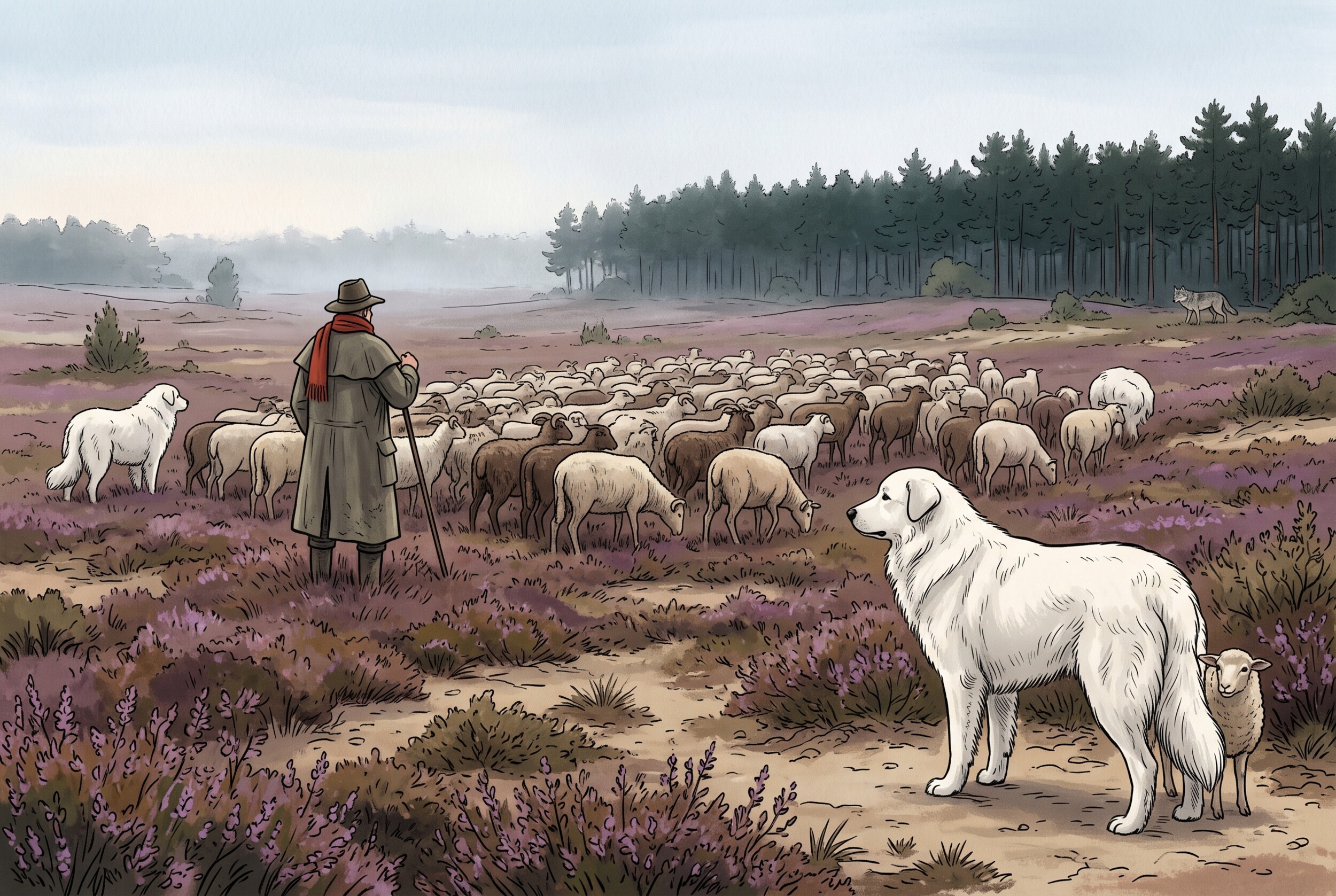 Illustration: two large white guard dogs stand beside a flock of sheep on purple heather, a wolf retreats into the pine trees, and a small sheep peeks out from behind one of the dogs.
