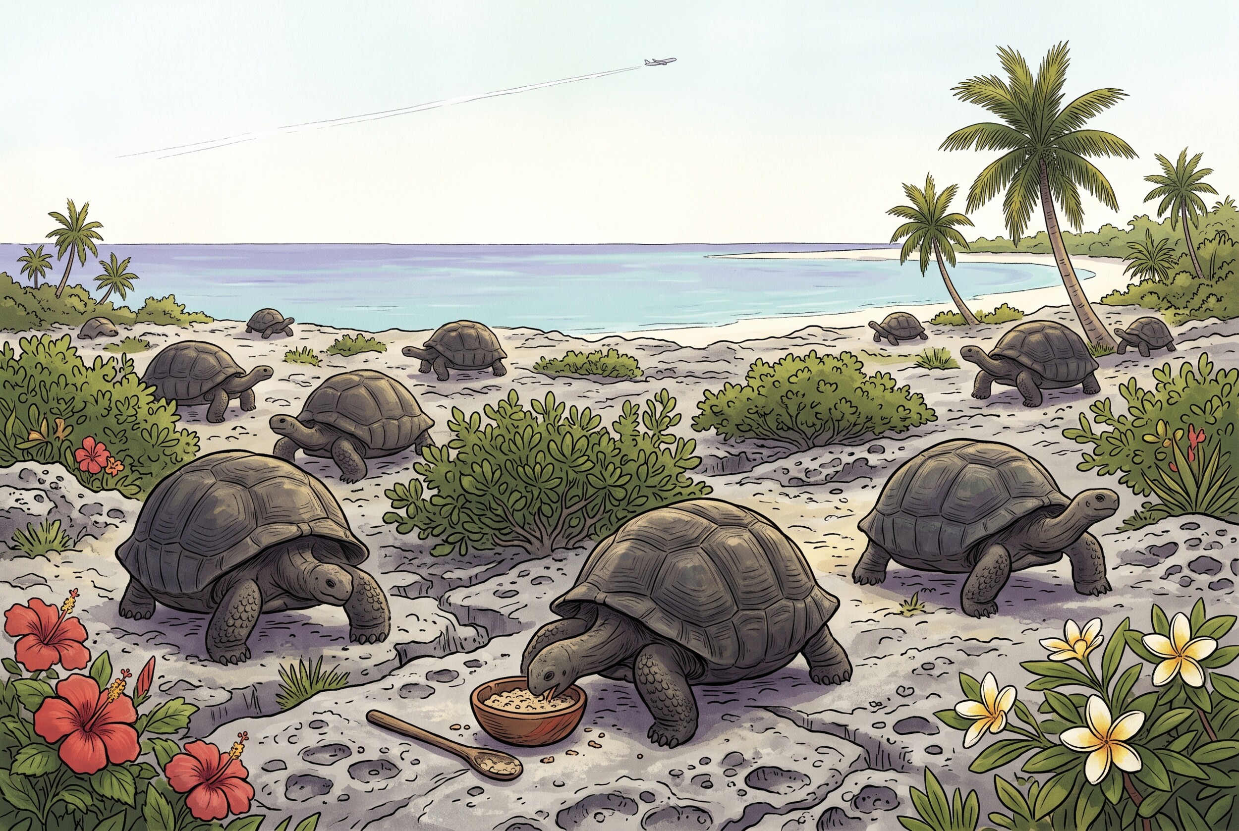 Illustration: giant tortoises on a rocky island shore, one eating from a bowl of porridge, with a plane high in the sky.