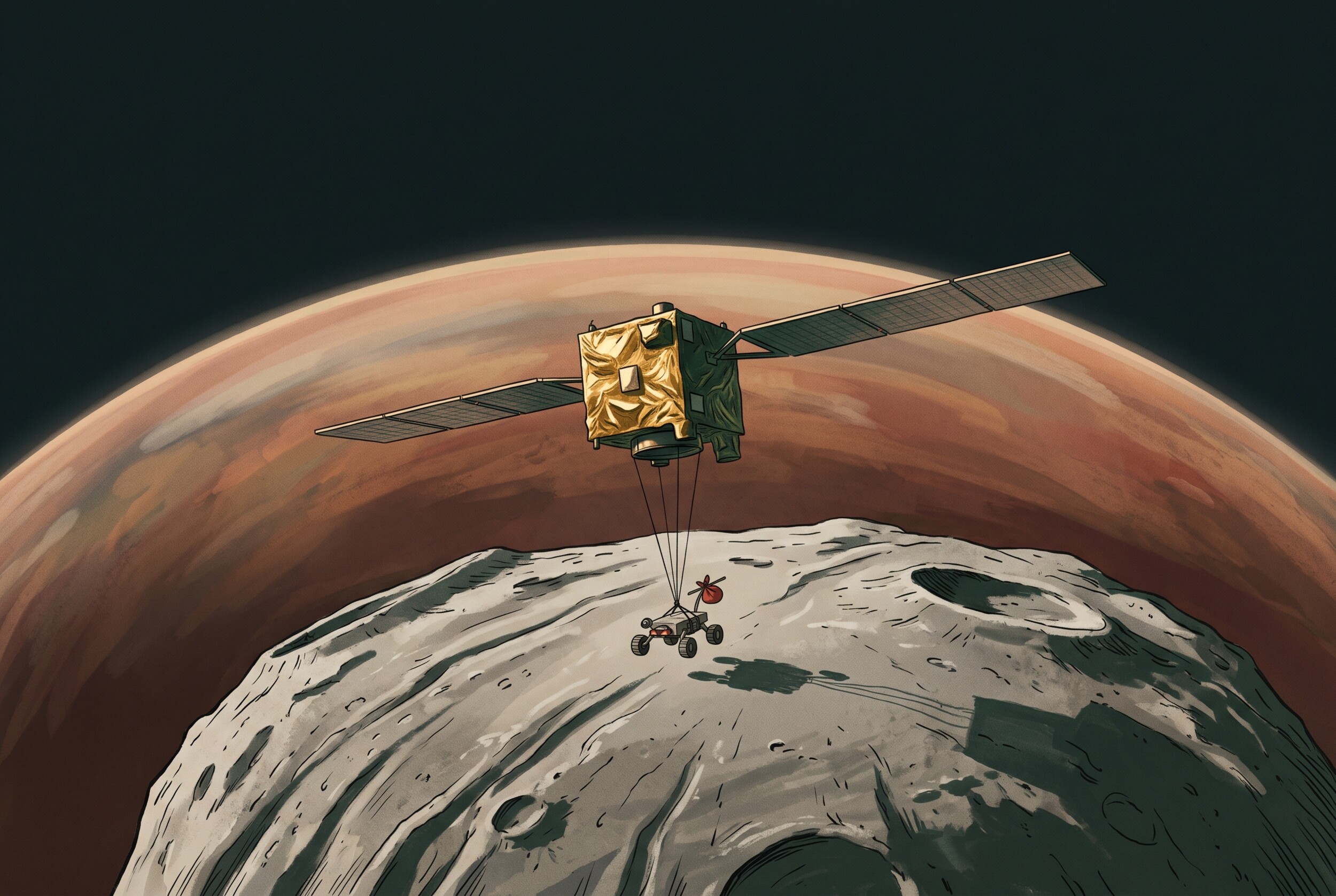 Illustration: a gold-foil spacecraft over the grey, cratered moon Phobos lowers a small rover on cables, with the red curve of Mars behind.