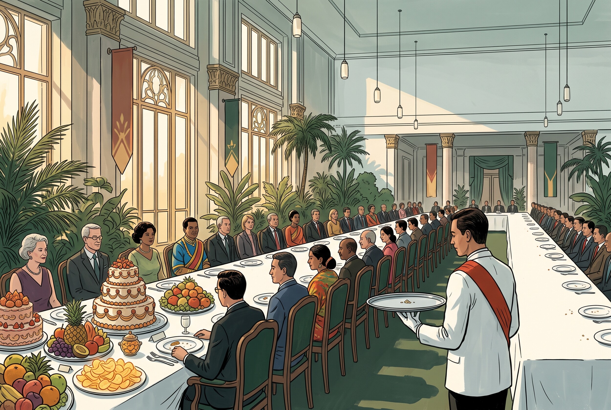 Illustration: a long banquet table in a grand hall, with cakes and fruit at the near end and empty plates along the rest, and a waiter carrying a nearly empty tray.