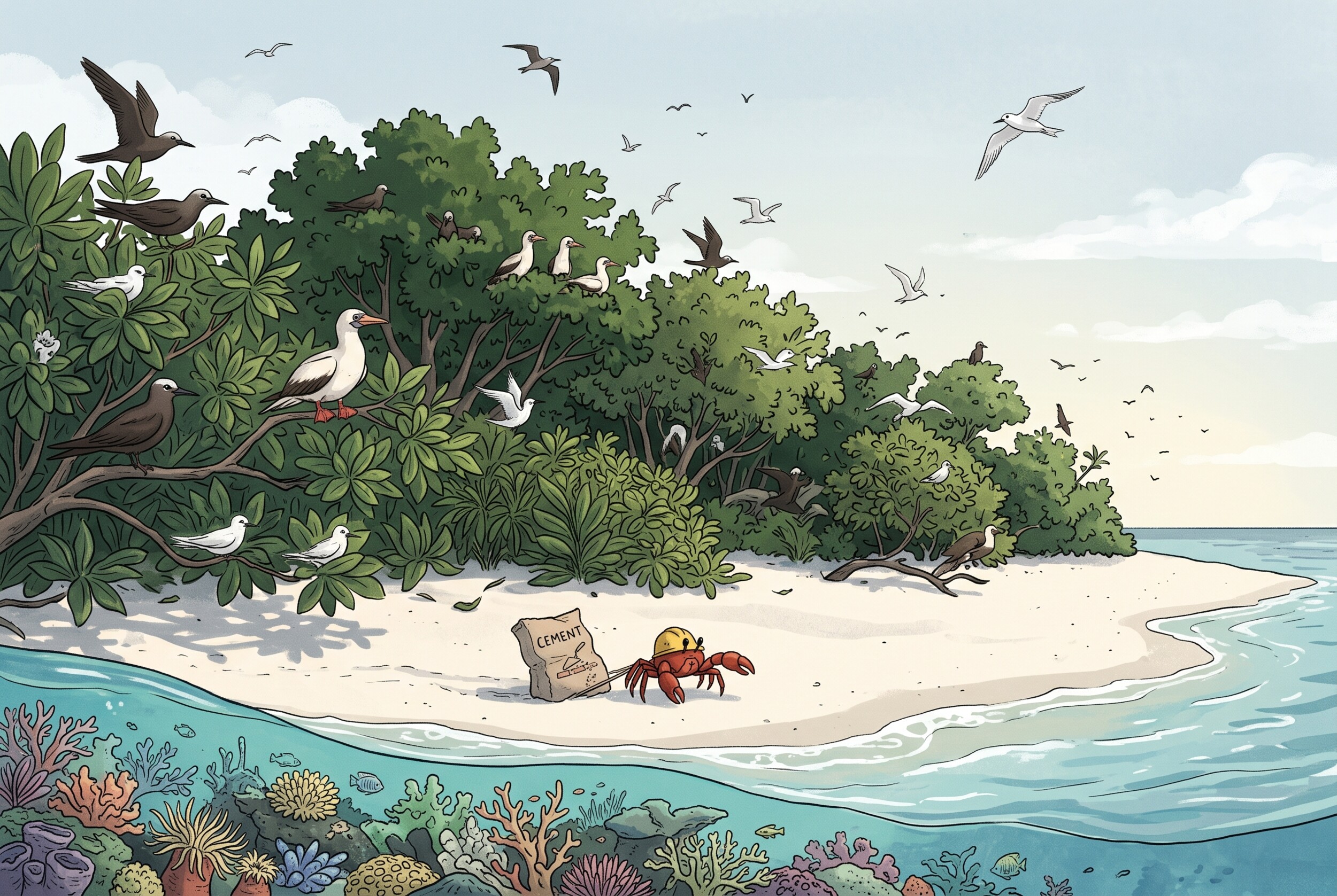 Illustration: a small tropical island with seabirds in the trees, a coral reef under clear water, and a crab in a hard hat pulling a cement sack up the beach.