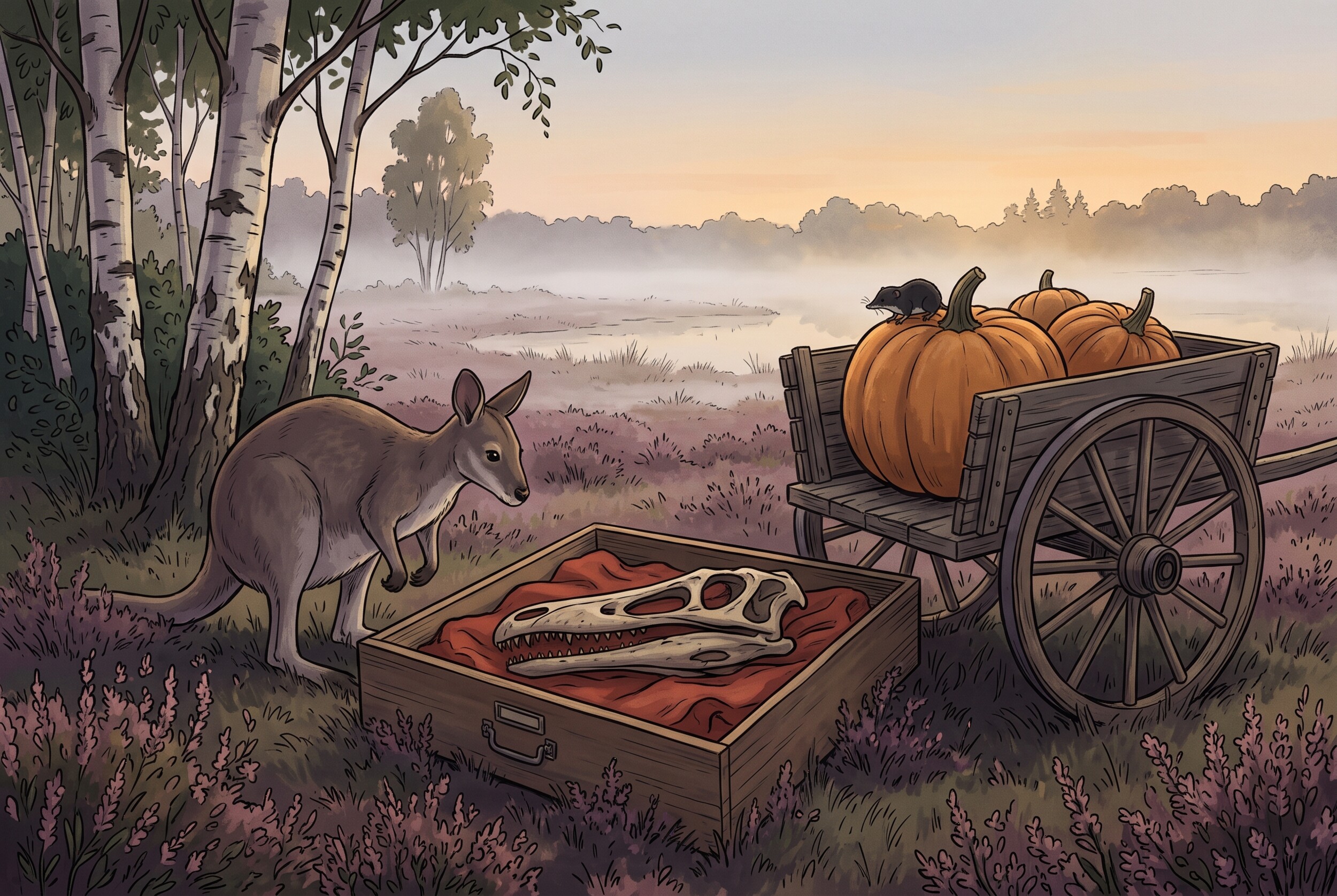 Illustration: a wallaby among birch trees looks into an open wooden drawer with a fossil skull, next to a cart of orange pumpkins with a small black shrew on top.